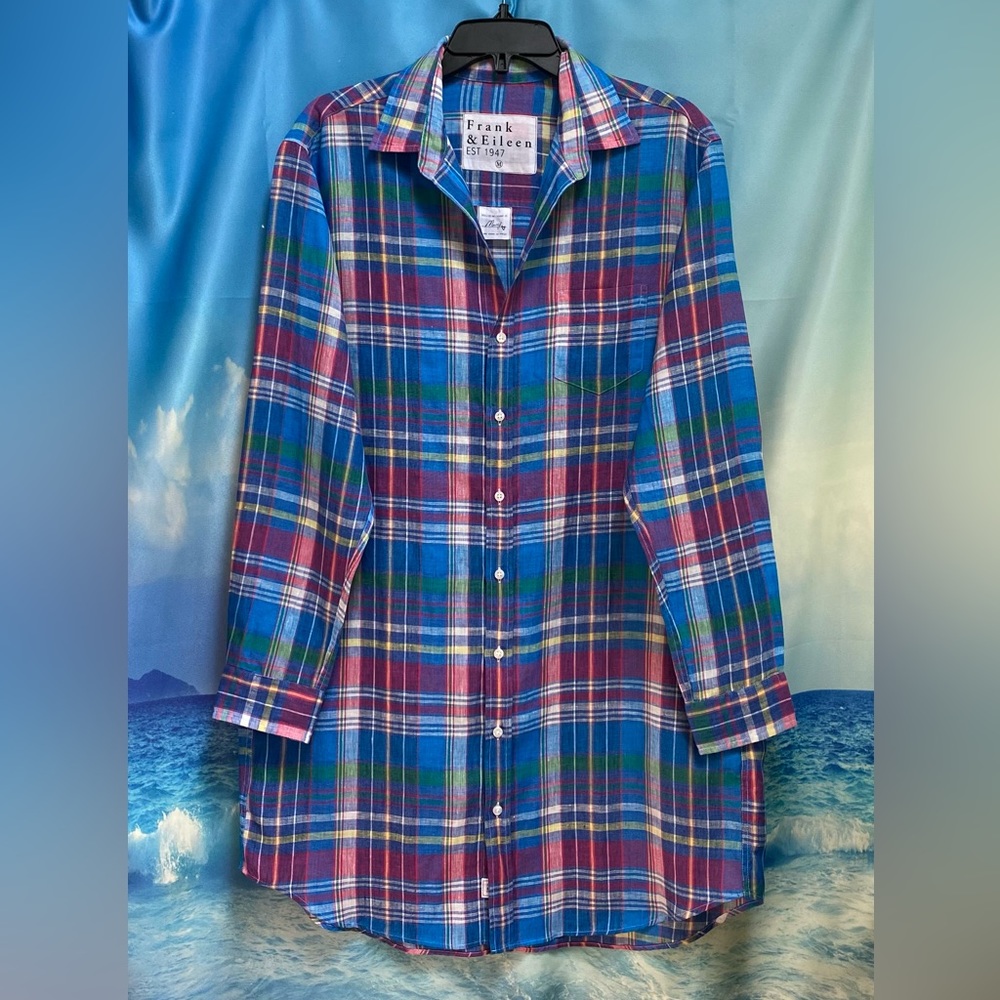 FRANK & EILEEN Mary Woven Button Up Linen Dress Size: M Blue/green Plaid